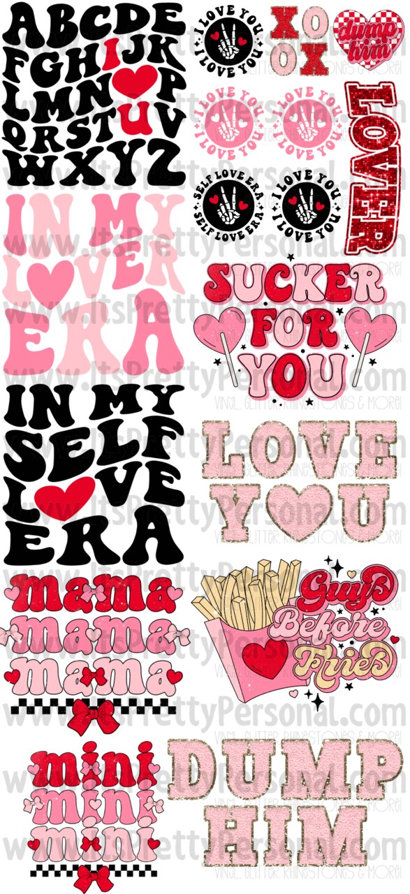 DESIGN #1- Valentines Day DTF Gang Sheet 22"x48" (Fabric Transfers)